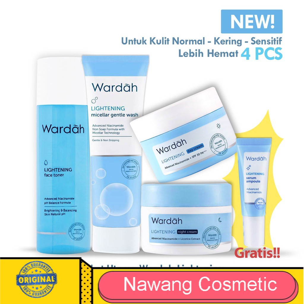 Paket Hemat Wardah Lightening 4pcs Gratis SERUM (siang, malam 30gr, gentlewash 100 ml &amp; toner )