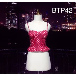 Promo Peplum Top Bustier/ Korset/ Bralet/ Cup Bra Motif Polkadot Merah