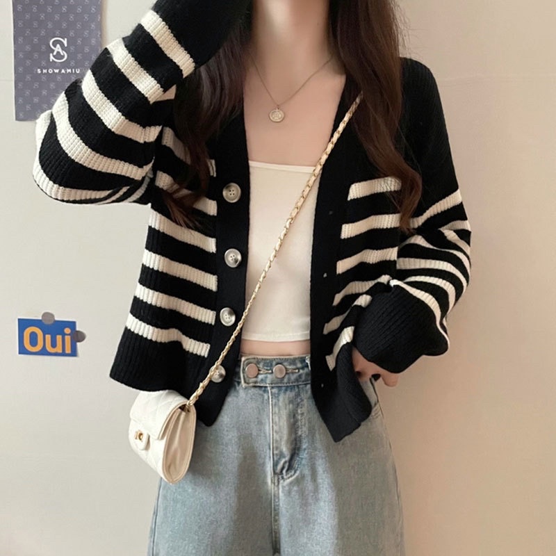 KNIT TOP STRIP CARDIGAN IMPORT WANITA LONG SLEEVE JACKET MX206