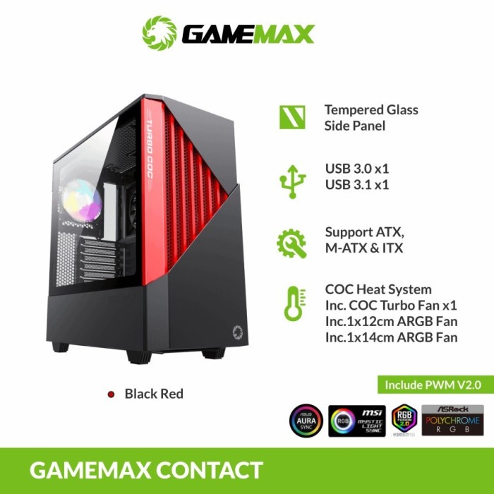 Gamemax Contac COC Black Red E-ATX Gaming PC Case With COC Fan &amp; PWM