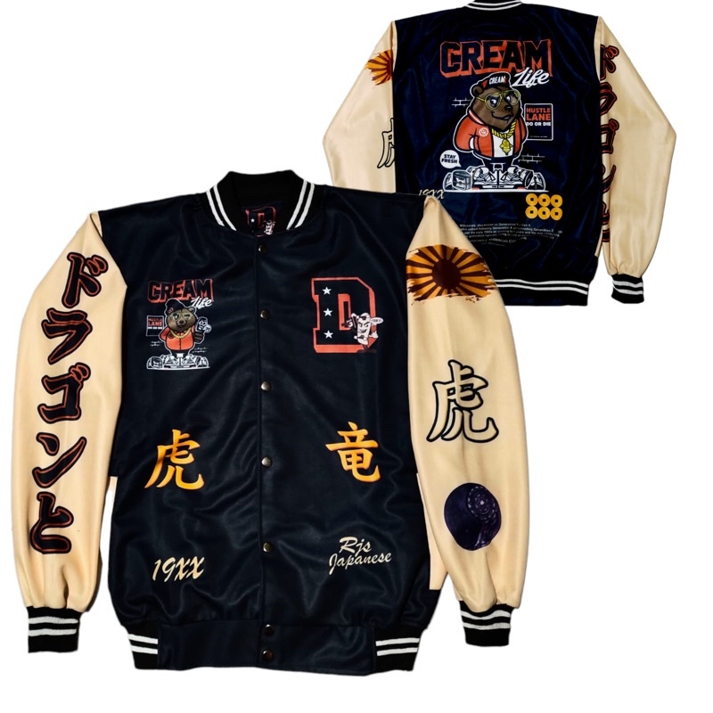 JACKET VARSITY BASEBAAL MOTIP TERBARU PRIA WANITA SAIZE L XL-Varsity D crem
