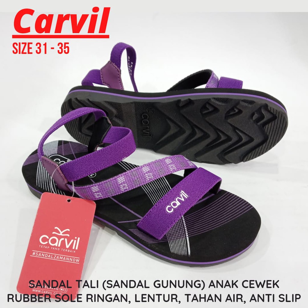 SANDAL GUNUNG ANAK CEWEK CARVIL TALI STRAPS ELASTIS SOLE KARET LENTUR ANTI SLIP UNGU MERAH 31-35