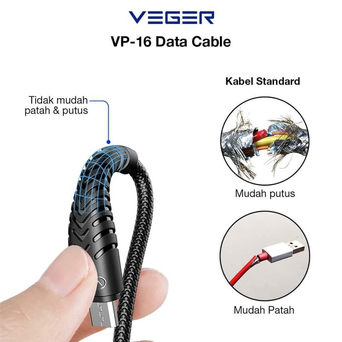 Kabel Data Charger VEGER V110 Micro Usb - Satuan Ecer - panjang 100 cm