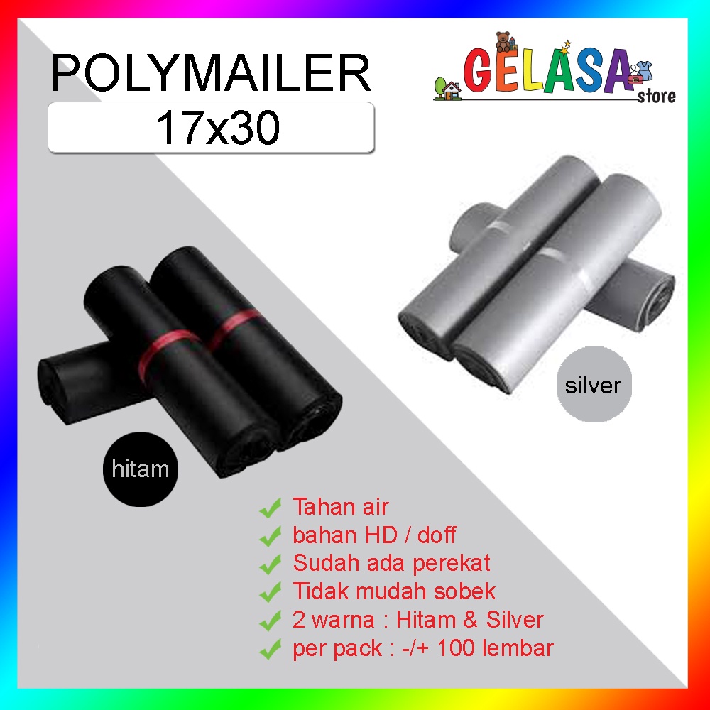 Gelasa Plastik Packing Polymailer Olshop HD Hitam Silver dengan perekat per pack 8 ukuran 17x30