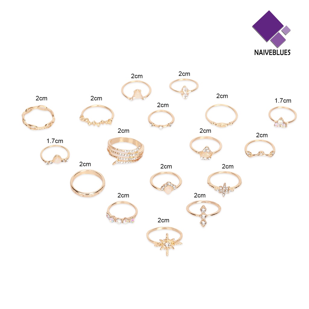 17pcs / Set Cincin Jari Permata Berlian Imitasi Gaya Bohemian Untuk Wanita