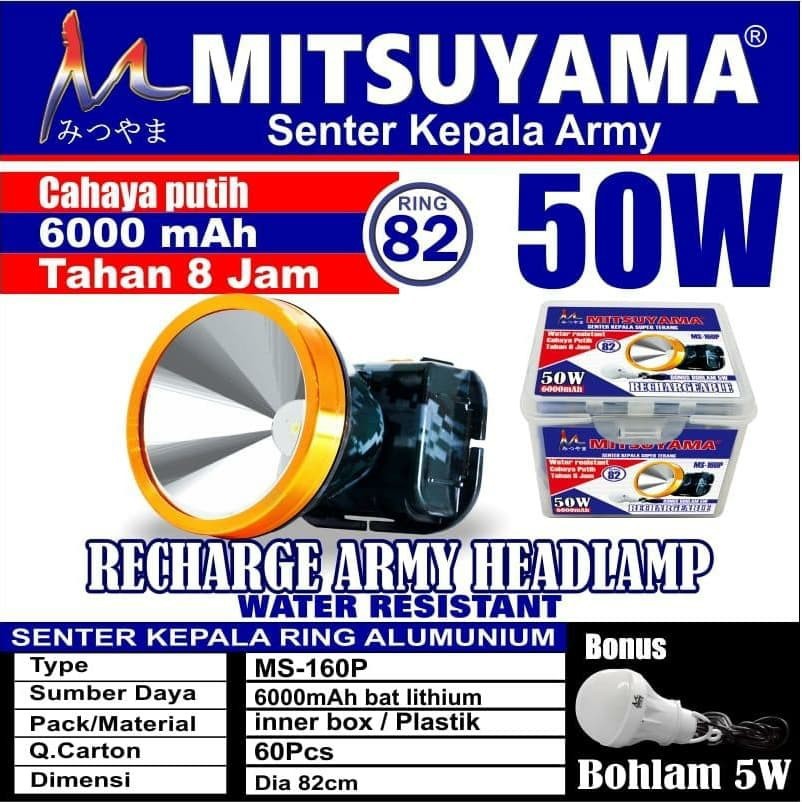 Senter Kepala LED 50 Watt / Headlamp Rechargeable 6000mAh MS-160P