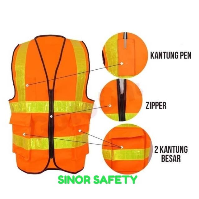 Rompi Safety Polyester Tebal HIJAU dan ORANGE 2 Kantong Dan Zipper Scotlight PVC