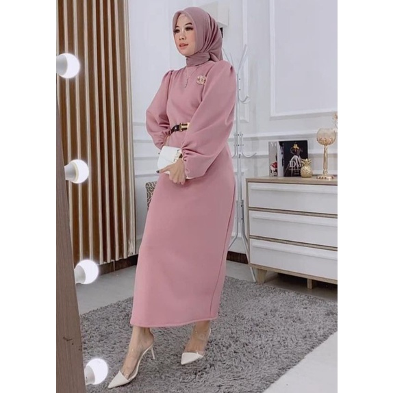 Dress Amara - Dress Wanita Moscrepe Import Baju Wanita Kantor Lengan Panjang Kerut Fashion Wanita Kekinian LD 110 cm