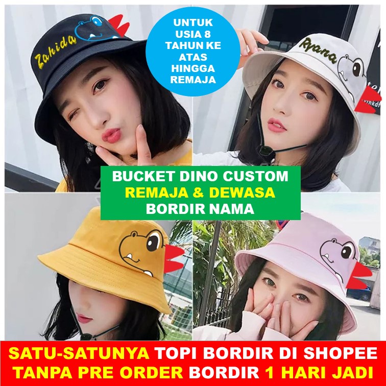 Topi Bucket Dino Custom Bordir Nama Dinosaurus Usia 8 Tahun ke atas