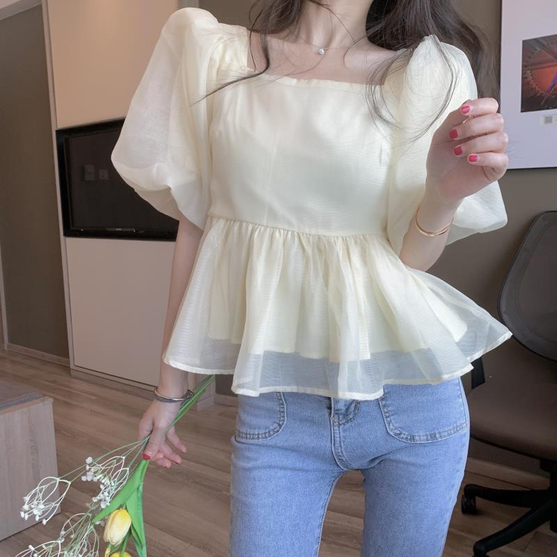 Suhao French Puff Lengan Kemeja Atasan Wanita Ruffle Tie Mesh Kemeja Sifon