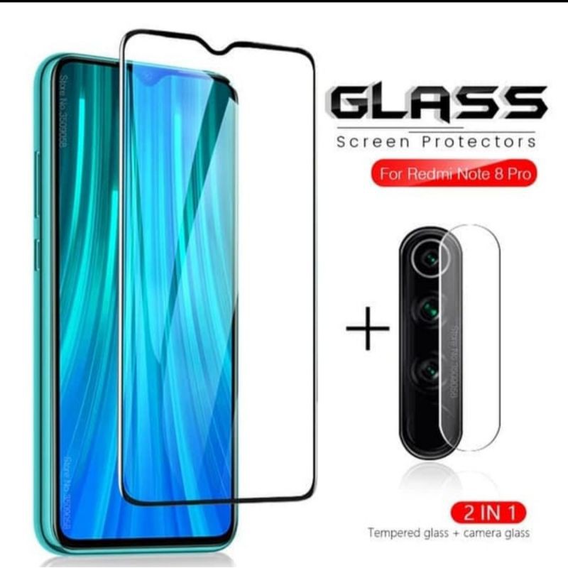 Tempered Glass Full Lem Xiaomi Note 8 Pro New + Tg Camera Lensa 2in1