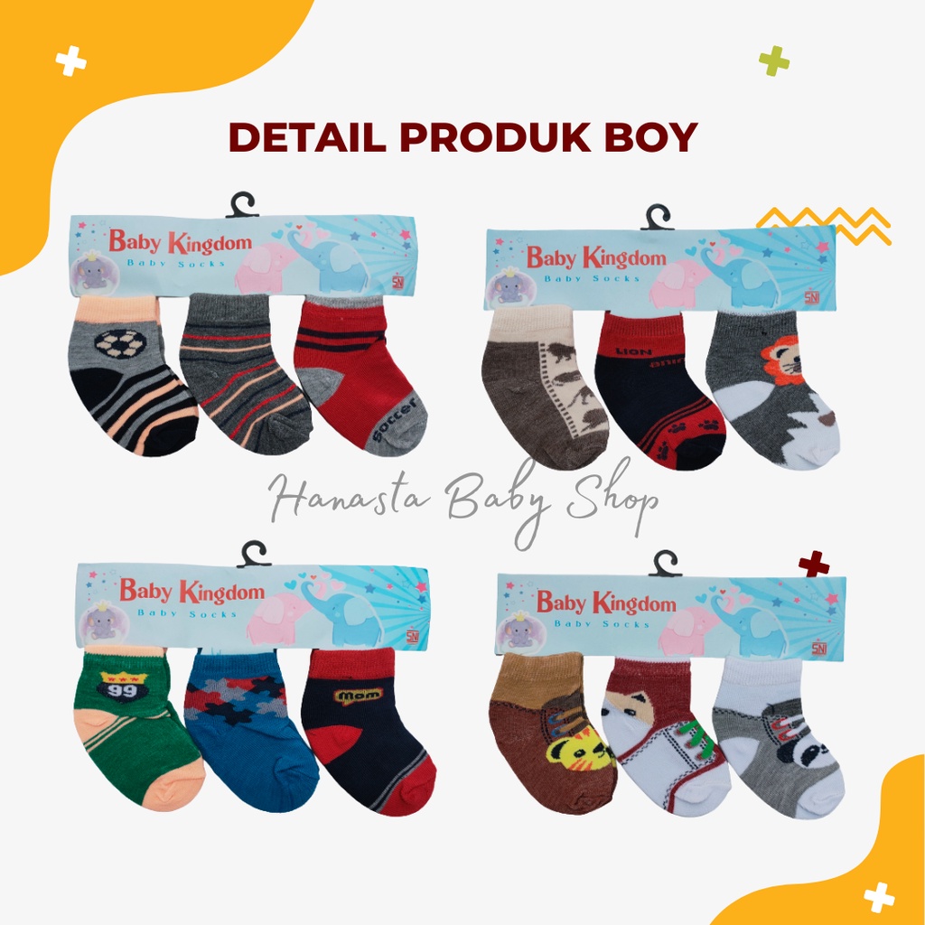 3In1 Kaos kaki bayi baru lahir Baby Kingdom / Kaos kaki bayi laki-laki perempuan 0-6 Bulan SNI Motif Lucu