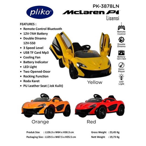 Mainan Anak Mobil Aki Pliko McLaren P1 PK-3878LN