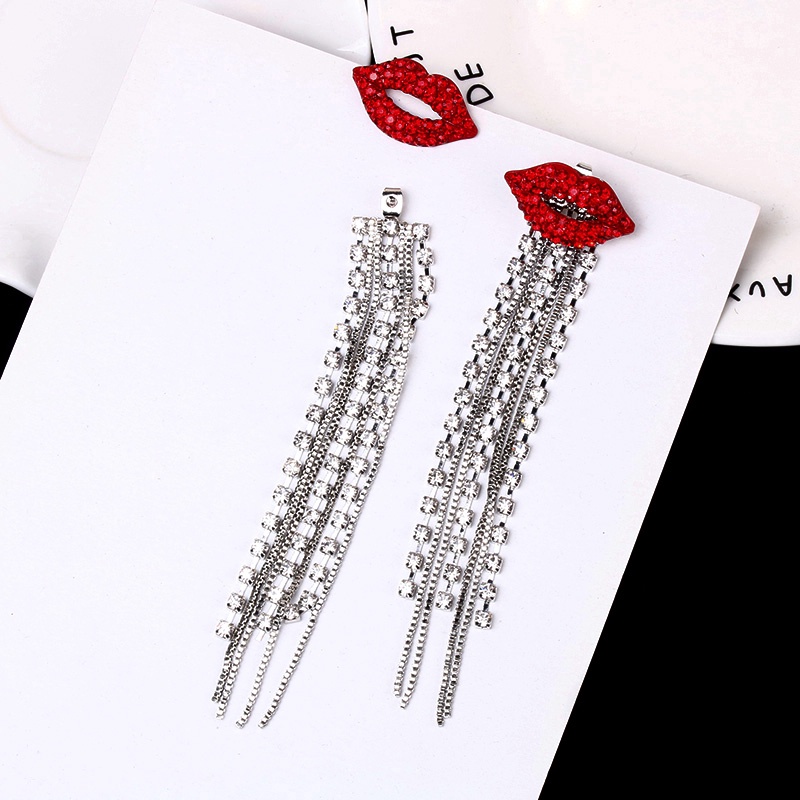 Anting Rantai Panjang Desain Bibir Merah Aksen Berlian Imitasi Bahan 925 Silver