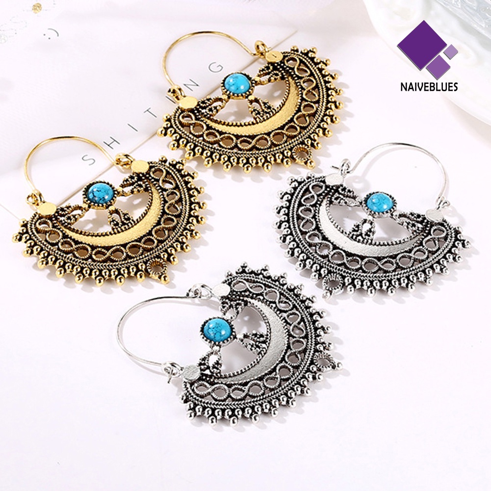 Anting Menjuntai Desain Hollow Aksen Turquoise Buatan Gaya Etnik Untuk Wanita