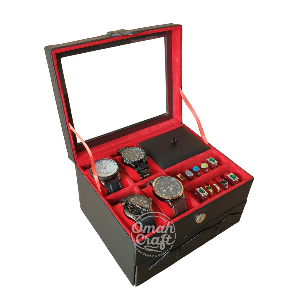 SIZE JUMBO - Box Jam Tangan isi 4 Mix Perhiasan Cincin Kalung Gelang / Jewelry Box HITAM MERAH