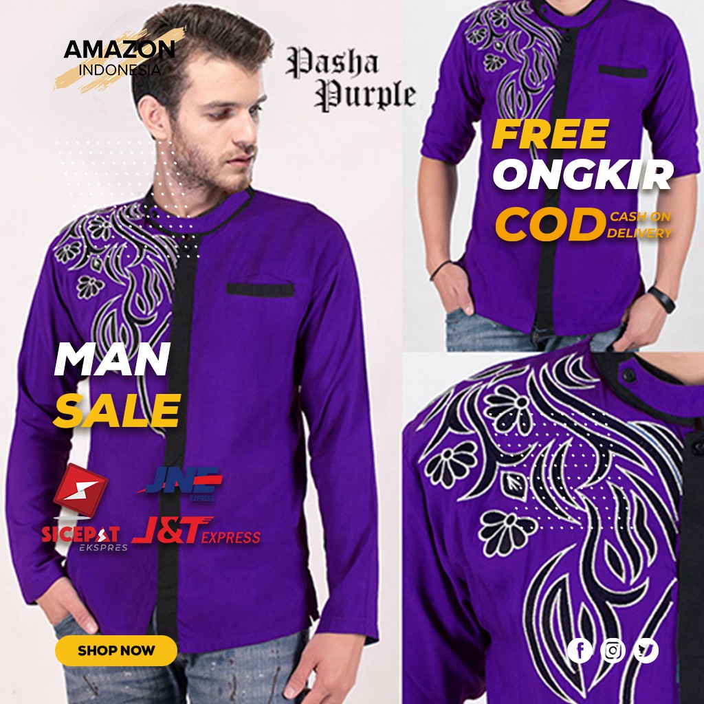 BAJU KOKO ATASAN PRIA MUSLIM WARNA PURPLE UNGU BAHAN RAYON KOMBI MOTIF BORDIR STYLE CASUAL MURAH