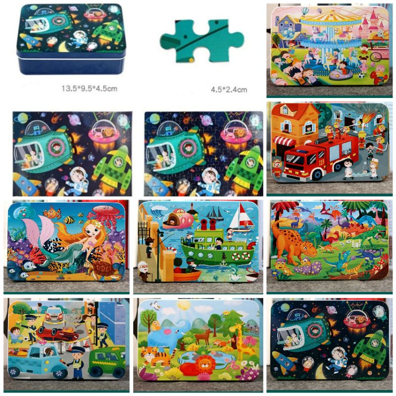 Mainan Edukasi Anak Puzzle Kayu 100pcs Wooden Jigsaw Kotak Kaleng Besi Tin Box Kado Souvenir Ultah Anak Birthday Gift Hampers Hadiah