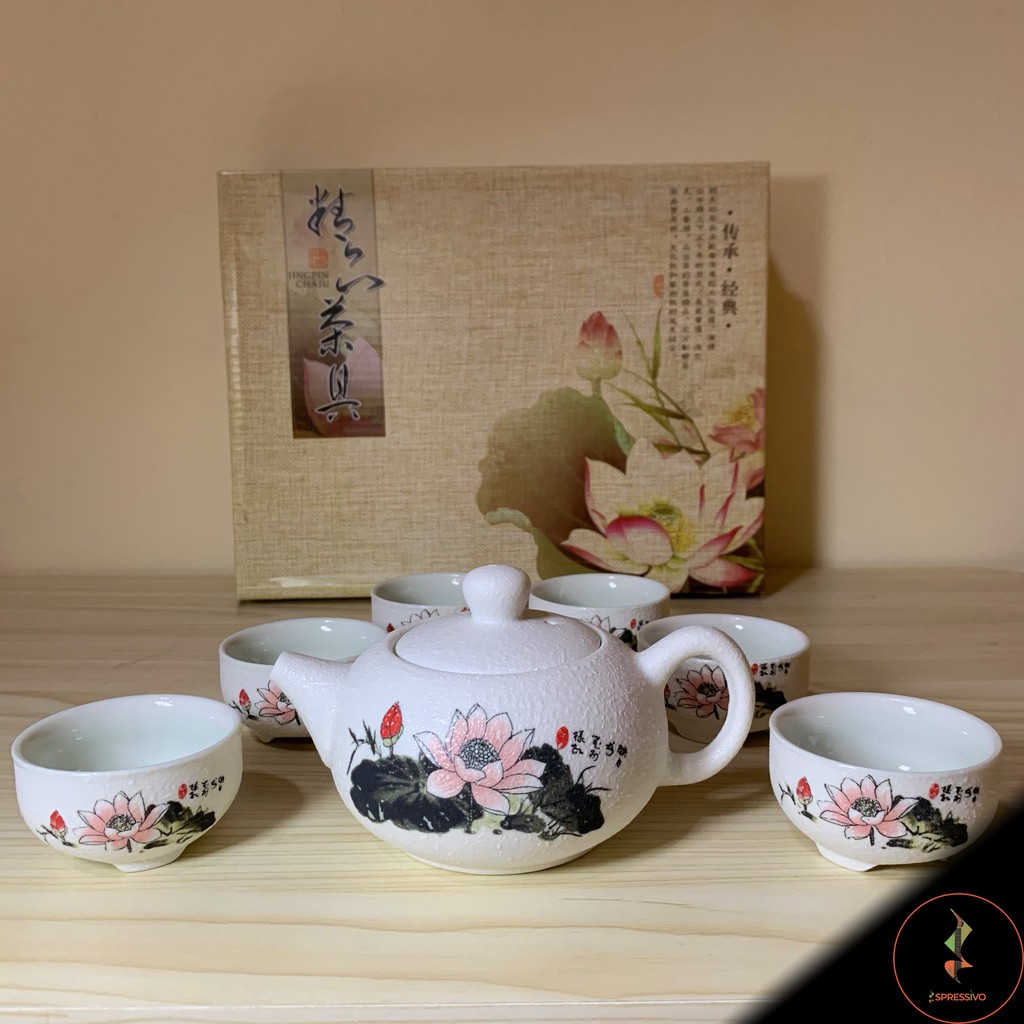 Teko + 6 cangkir teh keramik gelas putih chinese tea set [702]