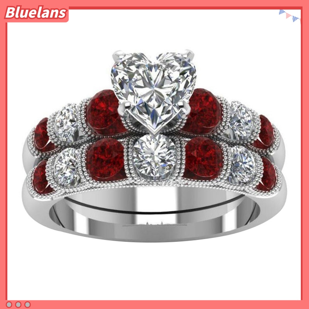Bluelans 2Pcs / Set Cincin Gaya Retro Motif Hati Aksen Ruby + Berlian Imitasi Untuk Perhiasan Wanita