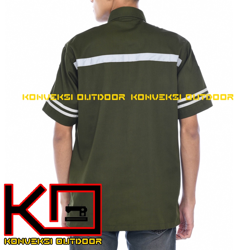 BAJU KEMEJA WEARPACK BAJU SAFETY K3 OUTDOOR INDOOR - Seragam Kemeja Kerja Lapangan Lengan Pendek Proyek Bangunan Tambang Alat Berat PLN Enginer Instalasi Mesin werpek sefti Scotlit Warna Hijau Army Konveksi Outdoor