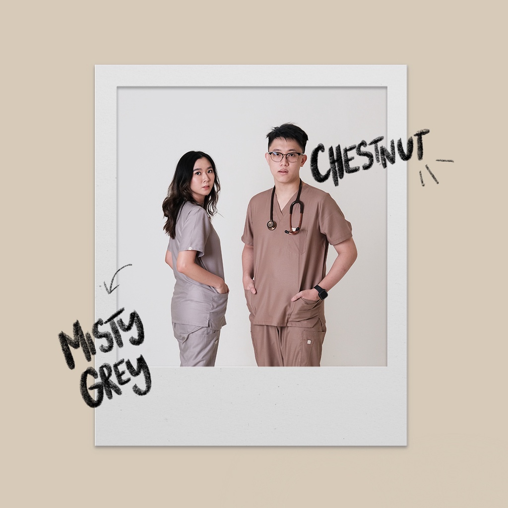 Baju jaga dokter Misty Grey | scrub dokter | baju jaga malam | Scrubs tenaga medis | set baju celana