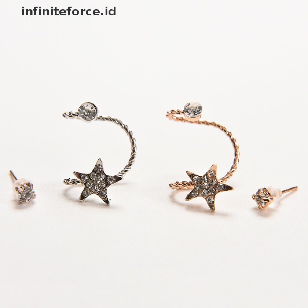 Infiniteforce.id Anting Klip Jepit Wanita Desain Pentagram Hias Kristal Berkilau