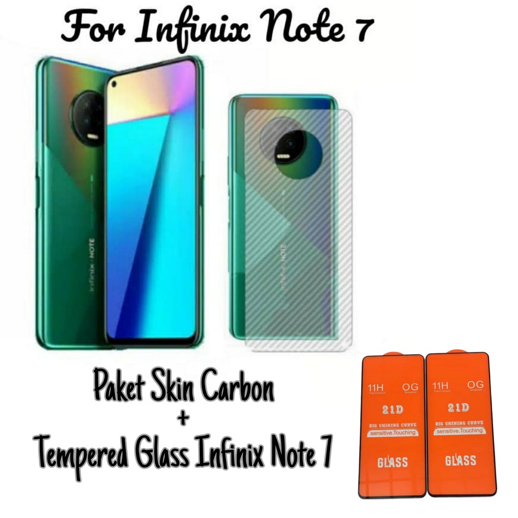 Tempered Glass INFINIX NOTE 7 Paket Back Skin Carbon Transparant