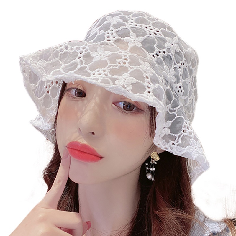 Topi Bucket Wanita Bahan Lace Motif Bunga Gaya Korea Untuk Musim Panas