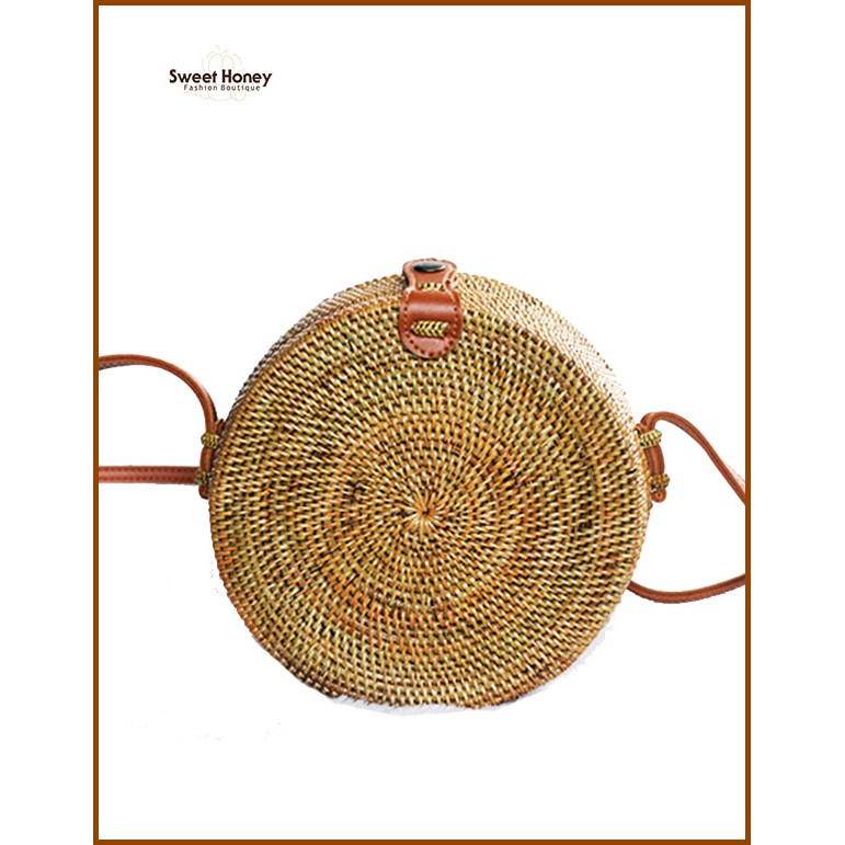 Sweet Honey ~ Grosir Tas Rotan Ate Tas Selempang Bulat Bali Coklat Natural Rattan Bag Natural Diameter 20cm