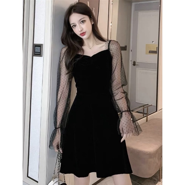 Blairs - dress pesta wanita cewek velvet sifon lengan panjang polkadot dengan lengan mini maxi midi 