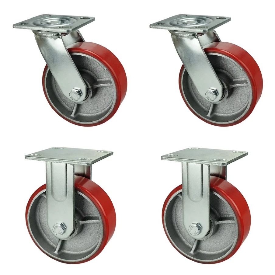 Roda Caster / Troli / Troly PU Merah 8&quot; Inch Taiwan Heavy Duty 2 Hidup Swivel + 2 Mati Fixed (1 Set)