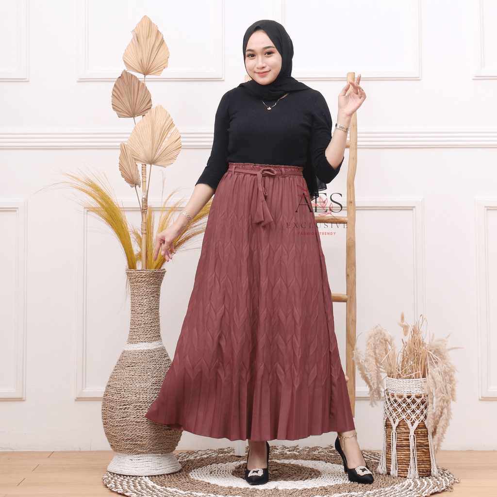 ROK PLISKET MOTIF DAUN PADI EXCLUSIVE / PLEATED SKIRT MOTIF DAUN PADI BAHAN PREMIUM KOSHIBO CREPE/ KOREAN CREPE TEBAL / REAL PICK