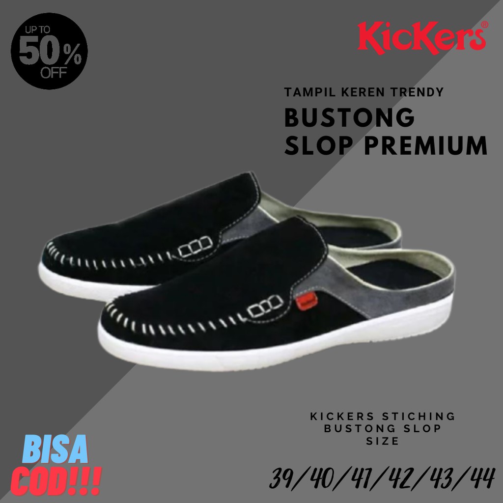 BAYAR DI TEMPAT Sandal Selop Bustong Slop Pria Kickers Stiching Suede Hitam Sepatu Fashion Shoes