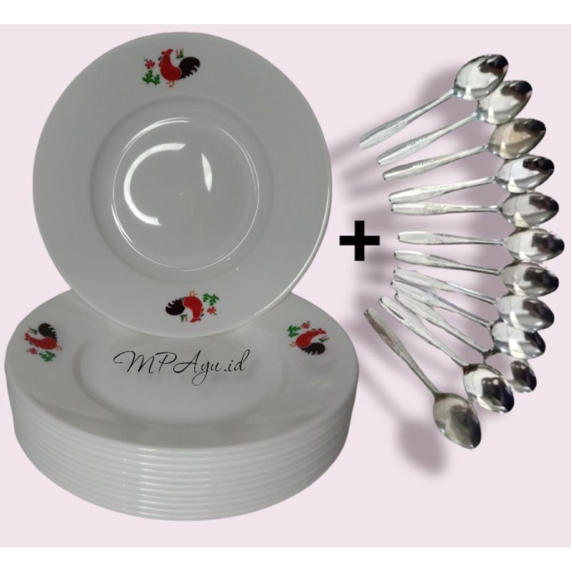 1 Lusin Piring Ayam Jago Plastik + 1Lusin Sendok Makan Stainless