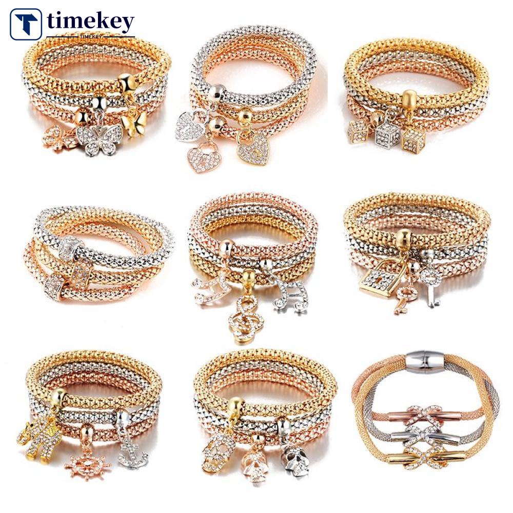 Timekey 3pcs / Set Gelang Tangan Elastis Banyak Lapis Aksen Kupu-Kupu / Kunci / Hati / Kunci / Kristal Untuk Wanita L2R9