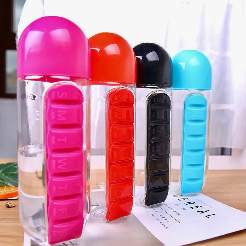 600ml Portable Water Bottle with 7 Compartments Pill Organizer Box / Patient Plastic Drinking Bottle Tea Cup Bottle Drinkware
