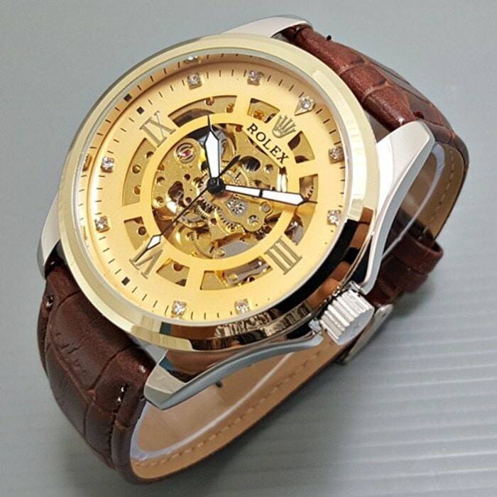 HOT SALE JAM TANGAN ROLEX KULIT AUTOMATIC BESAR BROWN (GOLD ROMAWI) TERBARU