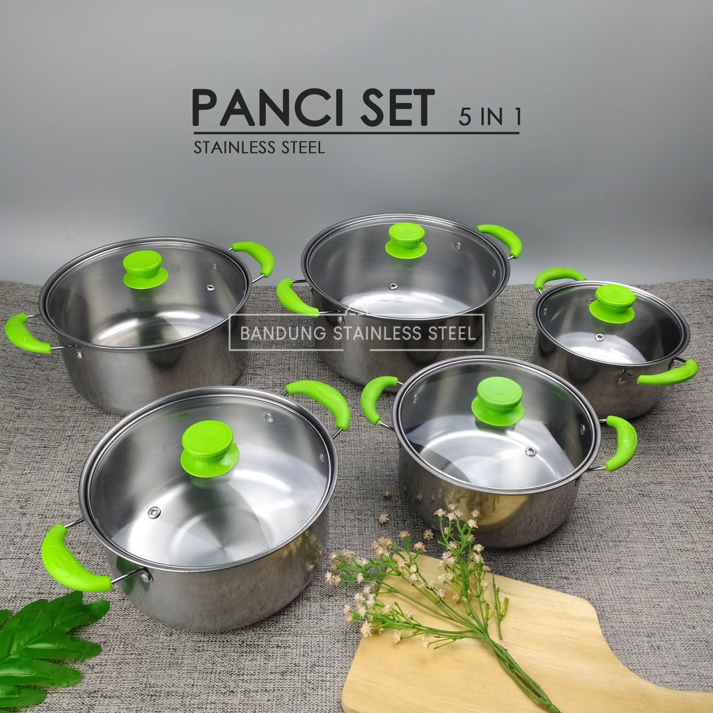 Panci sup soup pot set 5in1 stainless steel tutup kaca cantik pegangan hijau murah serbaguna