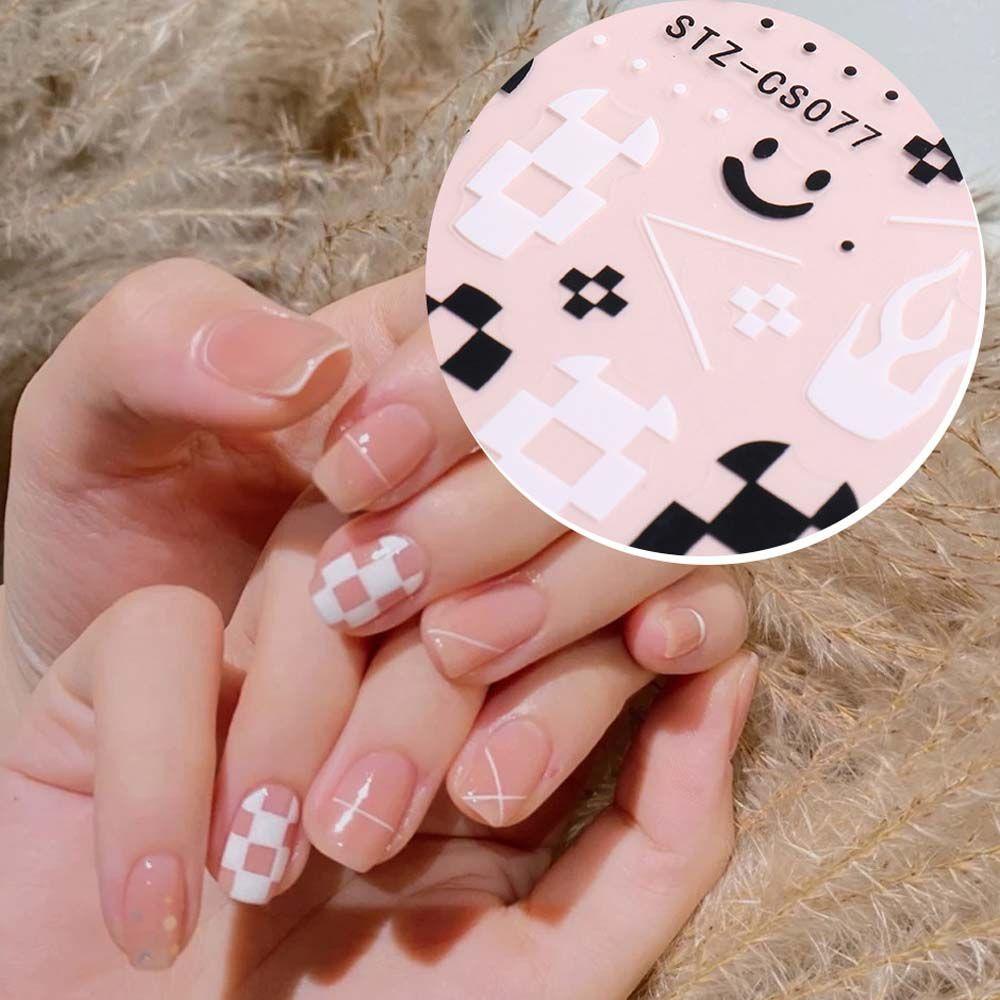 Mxbeauty Stiker Kuku Motif Kotak-Kotak / Bulan / Bintang 3D Warna Hitam / Putih Untuk Nail Art DIY