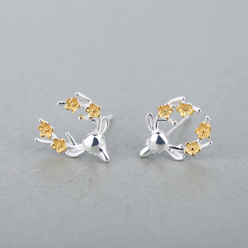 Anting Bunga Rusa Lucu Cute Deer Flower Stud Earrings for Women Silver Jewelry Fashion Tiny Charm Party Earring