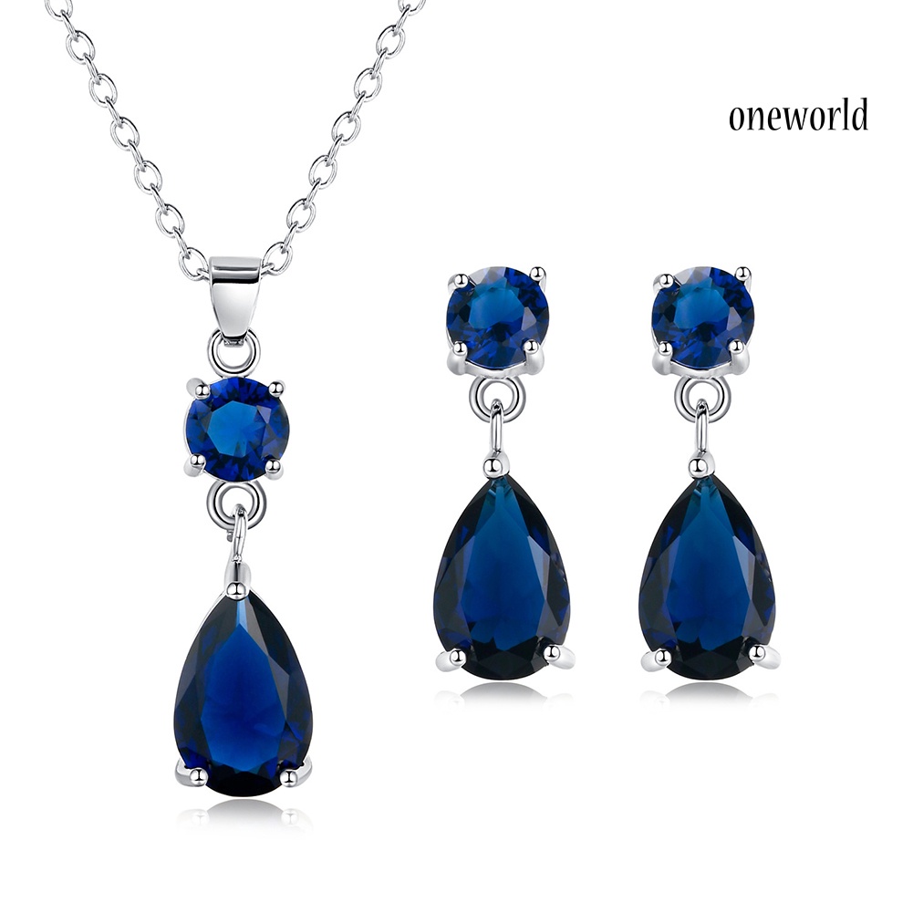 OW@ Fashion Round Drop Zircon Pendant Eardrop Earrings Necklace Women Jewelry Set