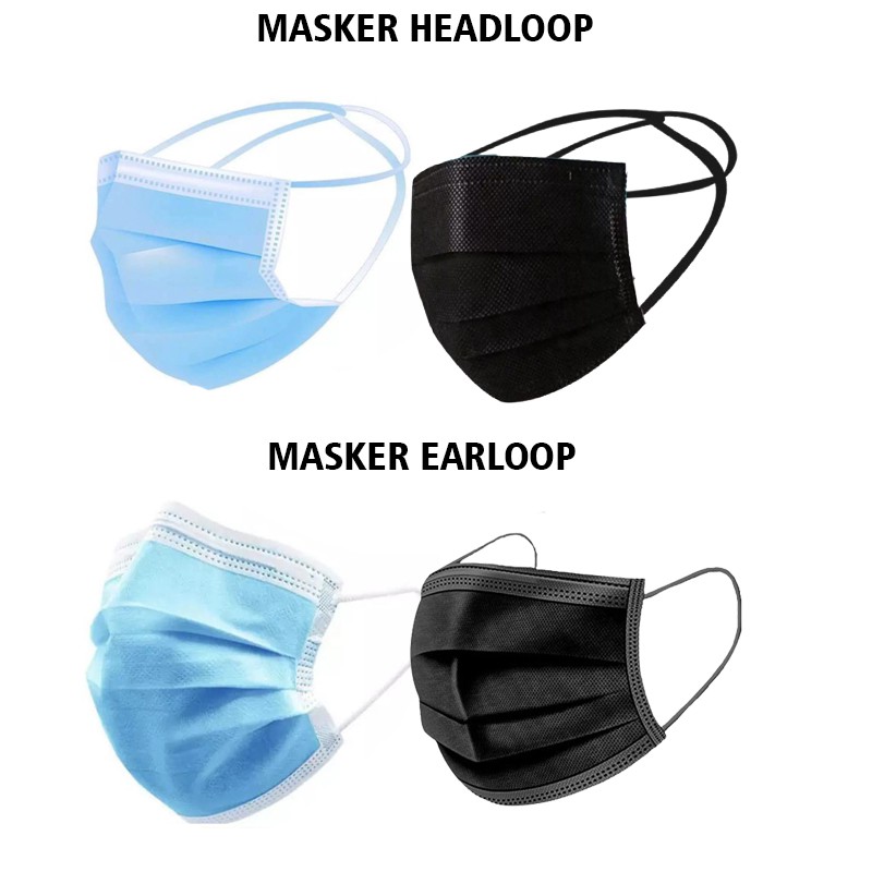 BRGUNIK Masker 3 ply 50pcs Earloop Masker Headloop Masker Hitam Dewasa Masker Anak Motif Karaker