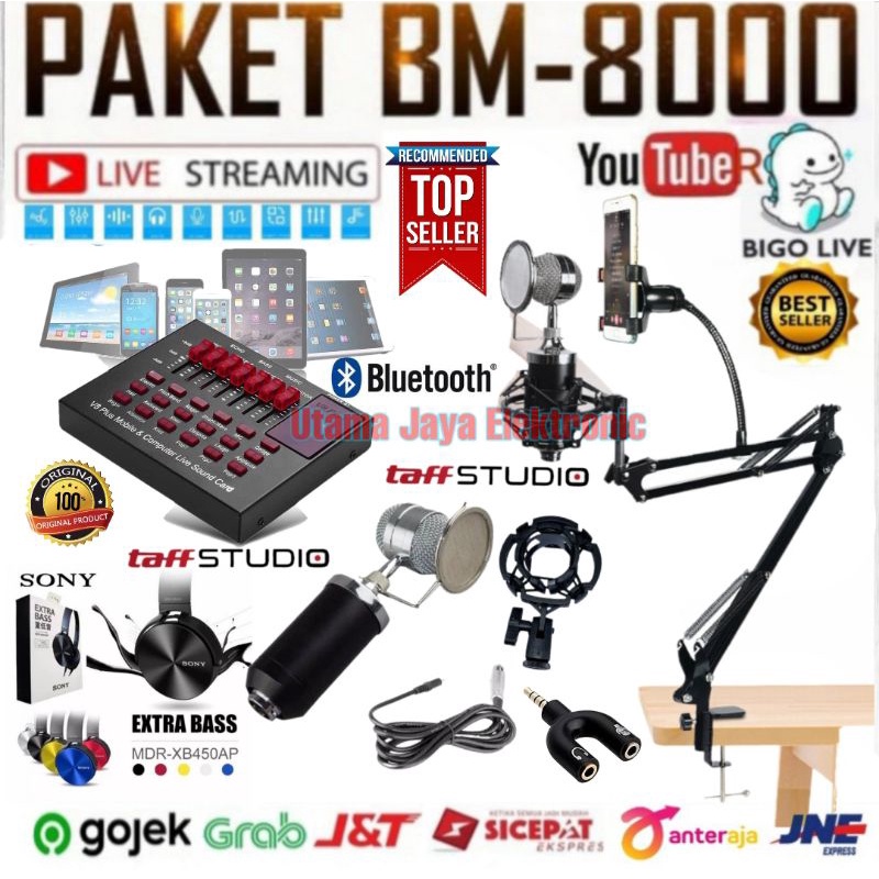 Paket Mic BM8000 Soundcard V8 plus Stand Phone Holder Home Recording Terbaik