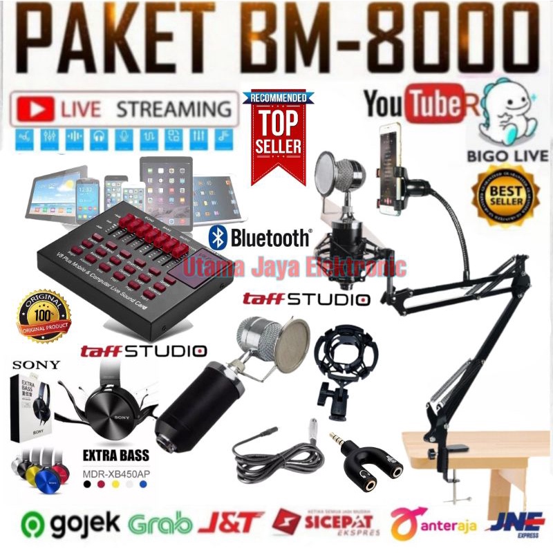 Paket Komplit  Mic BM8000 Soundcard Mixer V8 Stand Mic Rekaman Mikrofon Kondenser Terbaik