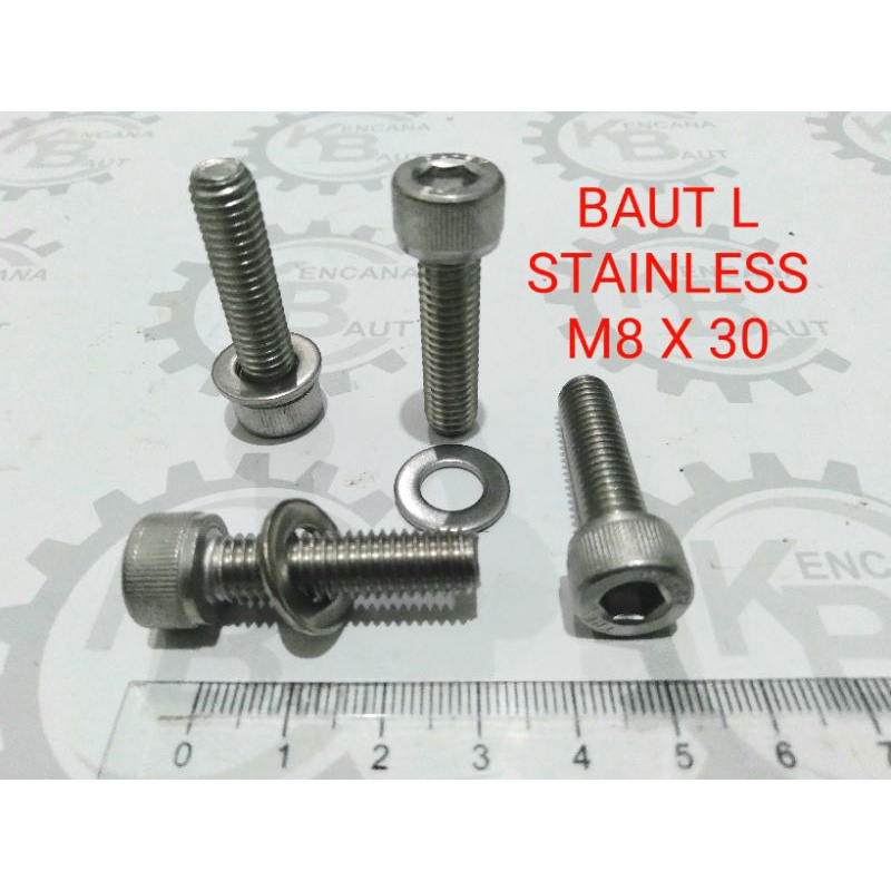 BAUT L STAINLESS M8 X 30 & RING / BAUT L M8 X 30 STAINLESS KUNCI L6 PANJANG 3 CM