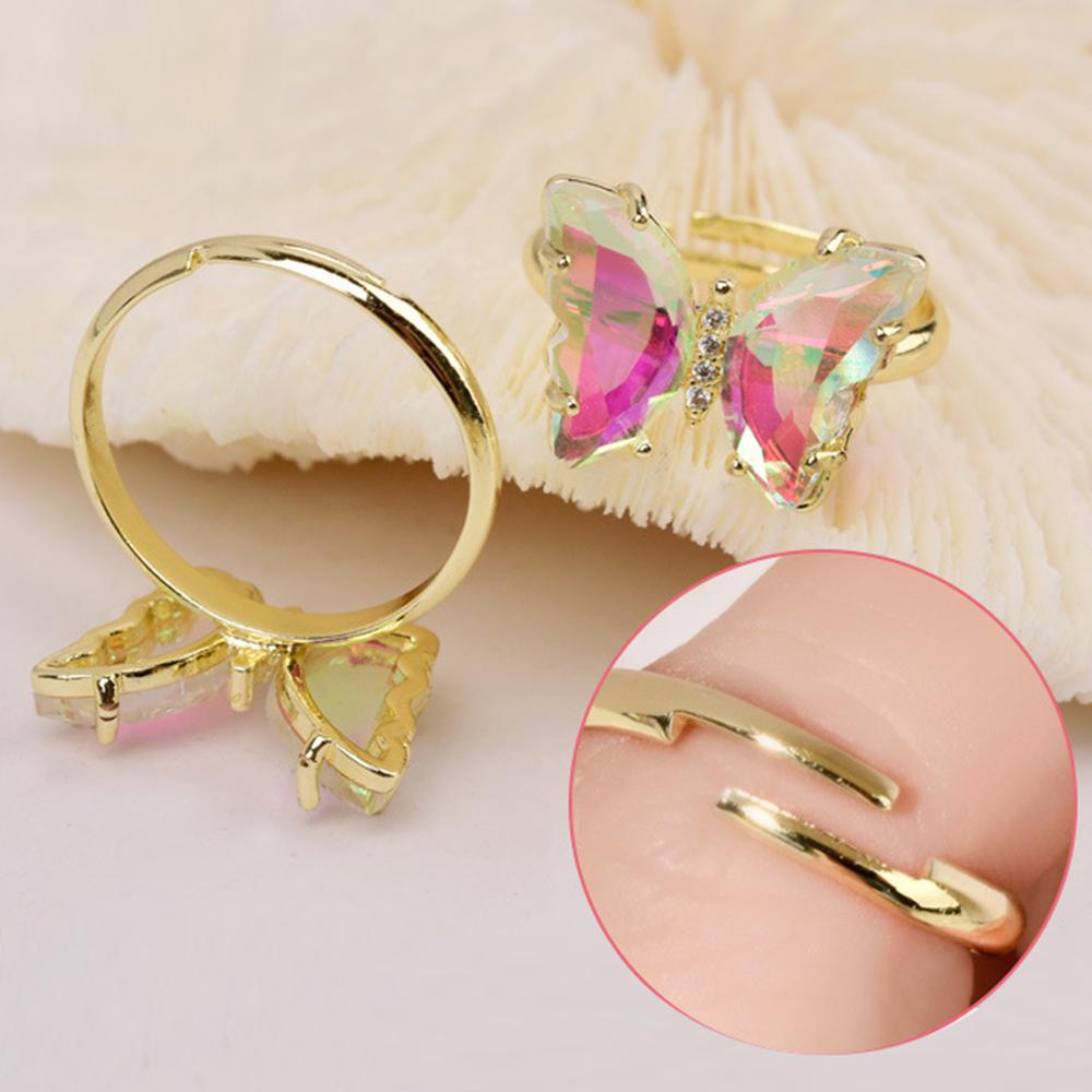 AUGUSTINA Agustinina Kristal Kupu-Kupu Cincin AB Berlian Adjustable DIY Nail Art Shiny Nail Aksesoris Foto Properti Perhiasan Kuku