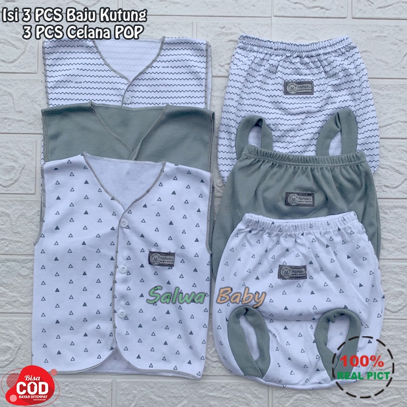 Bahan Katun TC 6 PCS Baju Bayi Lengan Kutung Celana POP Bayi Celana Kacamata Bayi Baru Lahir Serian Abu Kualitas Premium