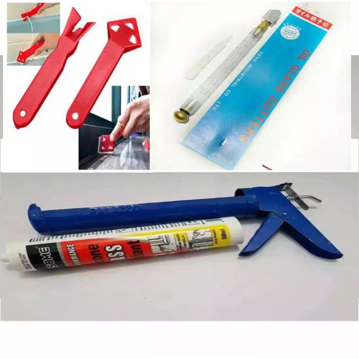 

paket hemat lem aquarium glass [lem+sodokan+pemotong+pembersih+]