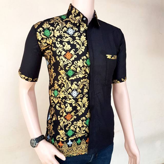 tey-17 Batik Pria ASJ SA HRB026 Kenongo Kemeja Tosca Pendek Pekalongan Padi M L Xl Sogan Tulis ::